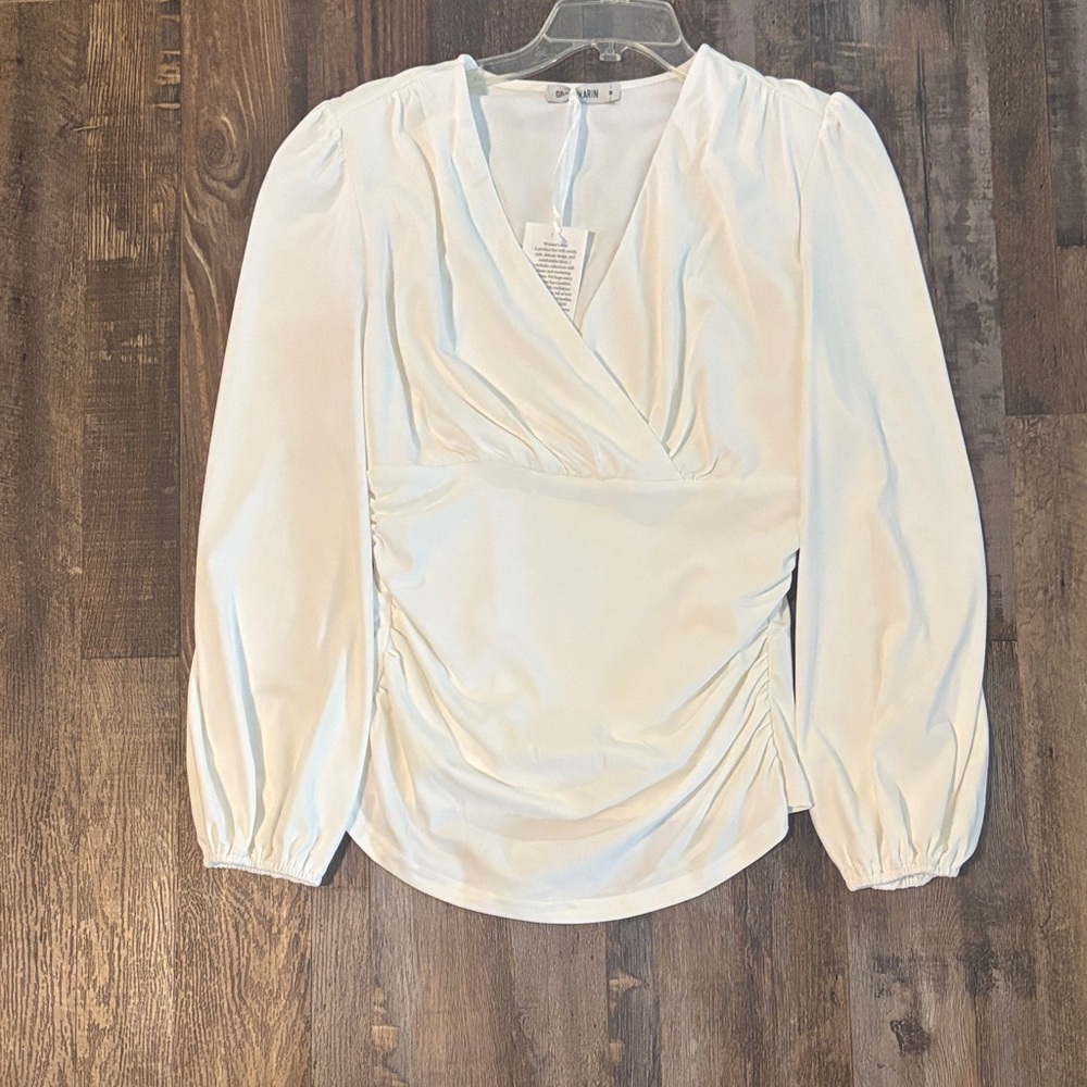 Grace Karin White Faux-Wrap Blouse with Puff Sleeves